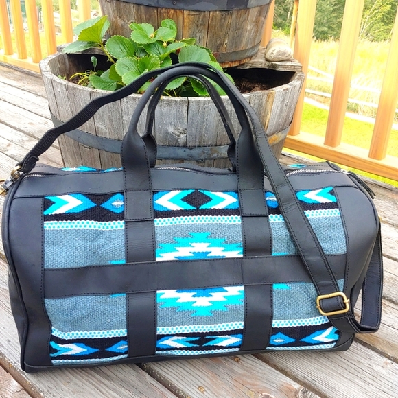 Handmade Saddle Blanket leather duffel bag black turquoise travel boho - Picture 5 of 12